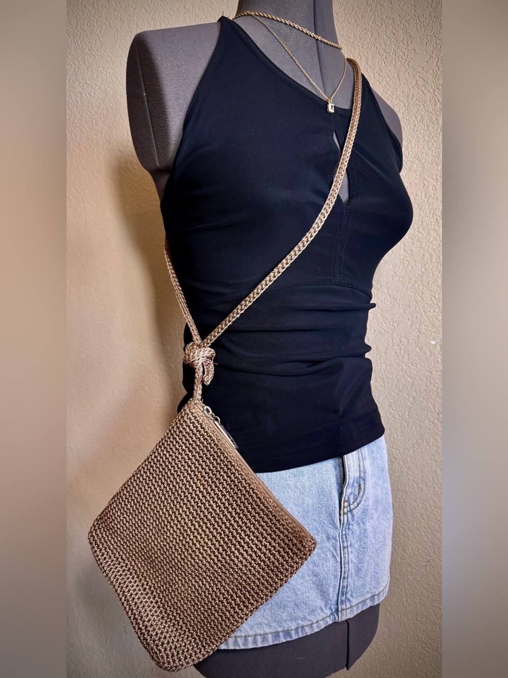 The Sak Taupe Woven Knit Crossbody Bag Purse